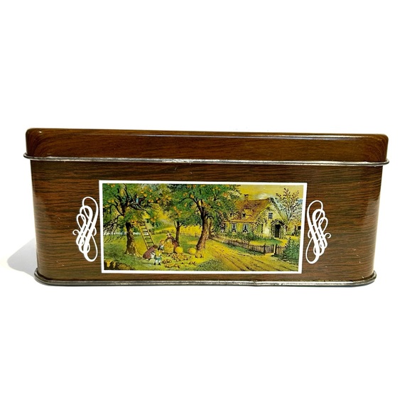 Vintage Village Art Litho Tin Box Brown Green Silver White House Trees Horses - Picture 2 of 15